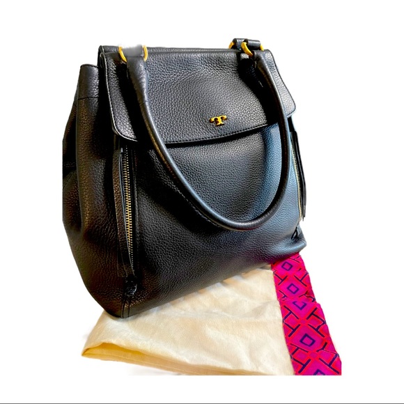 Tory Burch Half-Moon Pebbled Leather Black Tote - Picture 2 of 13